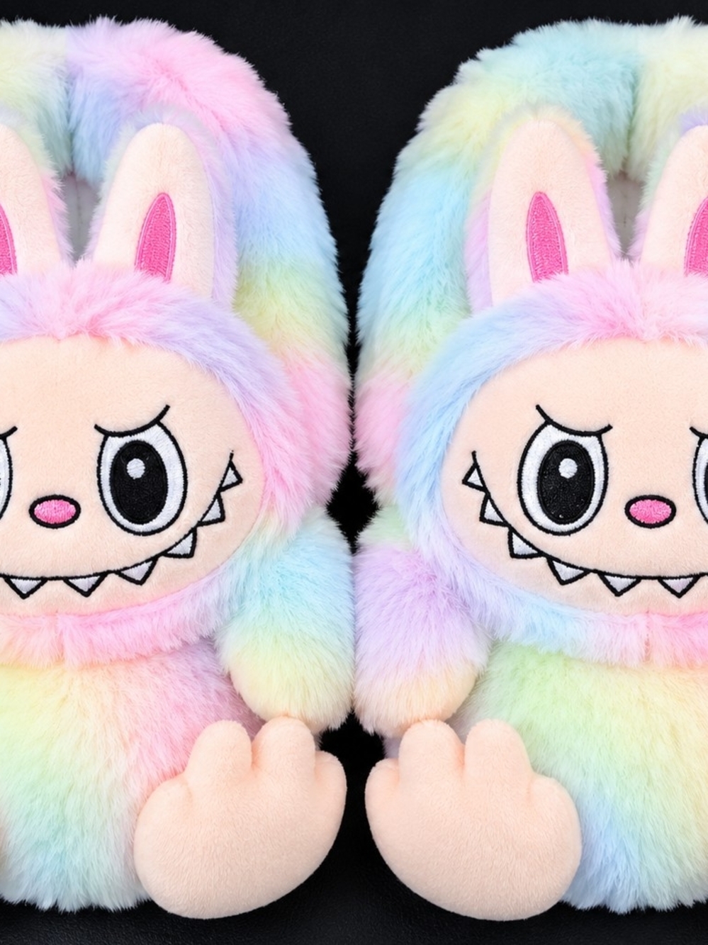 Plush Pastel Rainbow Bunny Kids Slippers